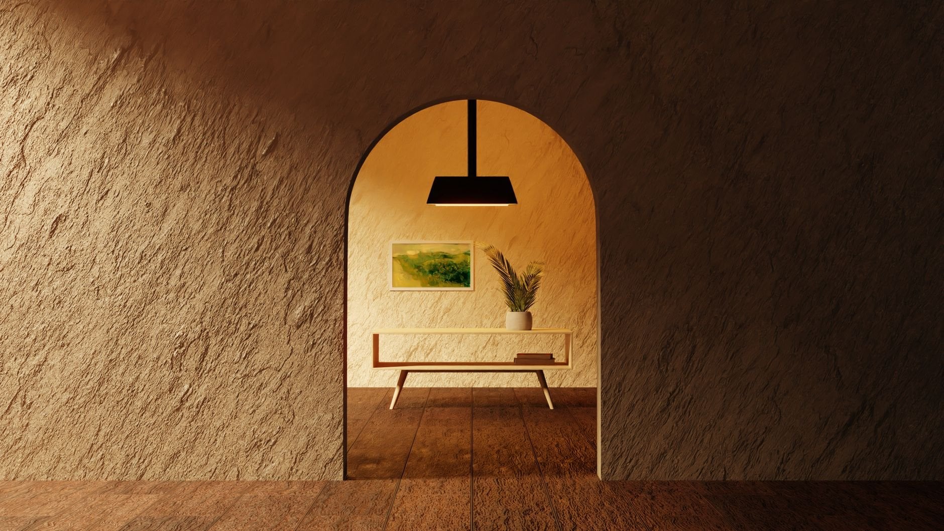 A cozy minimalist room with textured walls and a modern archway, illuminated by warm lighting